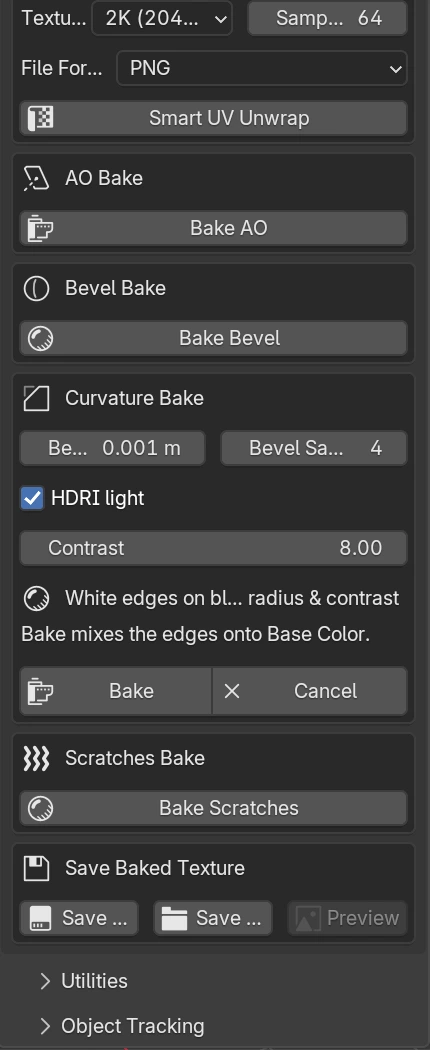 BaseMaterials-Panel in Blender 5.2: AO Bake, Bevel Bake, Curvature Bake, Scratches Bake und Save Baked Texture