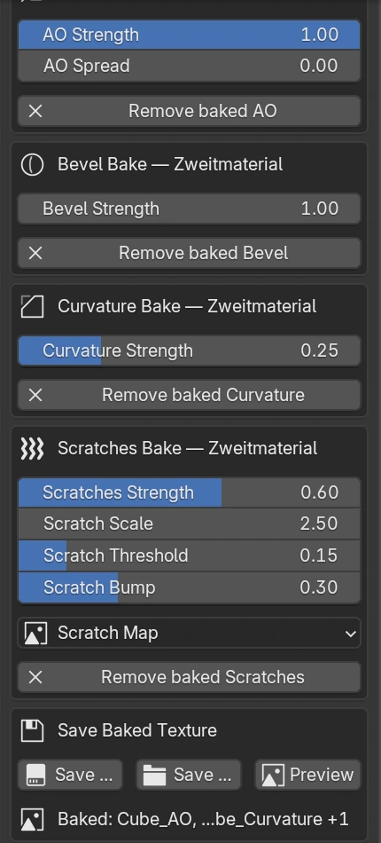 Nachbake-Regler je Material: AO Strength/Spread, Bevel Strength, Curvature Strength sowie Scratches Strength, Scale, Threshold und Bump mit Scratch-Map-Dropdown