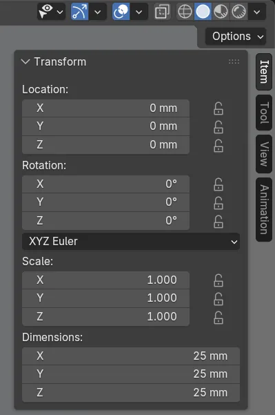 N-Panel in Blender 5.2, Reiter Item: Dimensions X, Y und Z zeigen je 25 mm, Scale 1.000