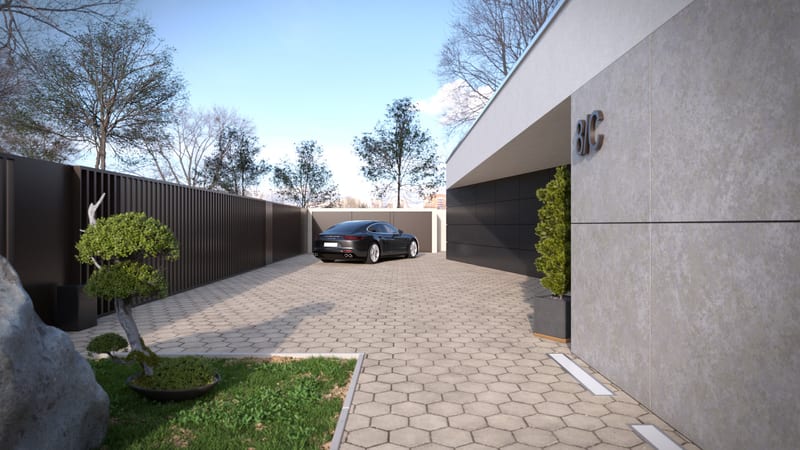3D-Modell einer Hauseinfahrt mit Sechseck-Pflasterung, Metallzaun und Porsche Panamera vor Wohnhaus, gerendert in Blender